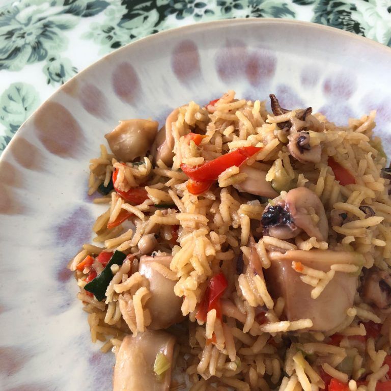 Arroz basmati con verduritas y chipirones