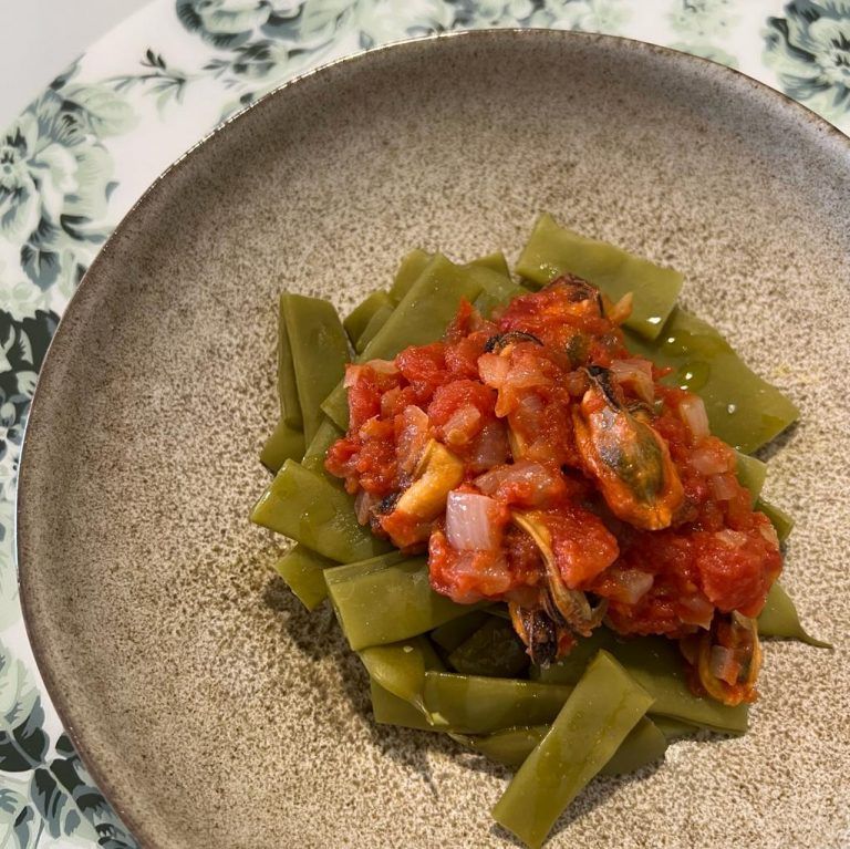 Judías verdes con sofrito de mejillones